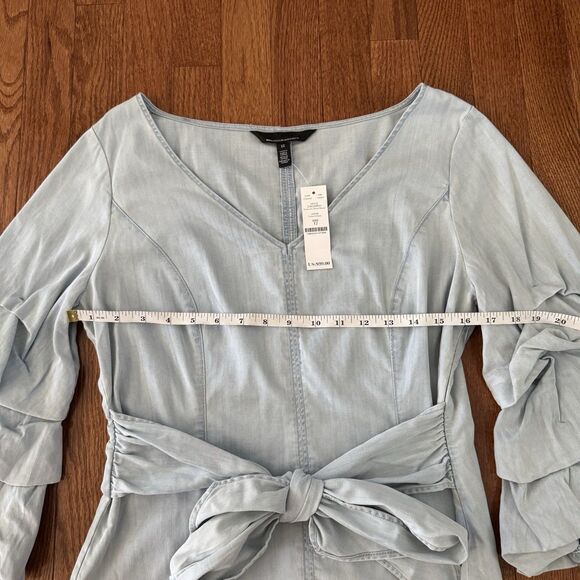 White House Black Market Bell Sleeve Blouse Womens Size 12 Denim Top Preppy Boho - Picture 13 of 14